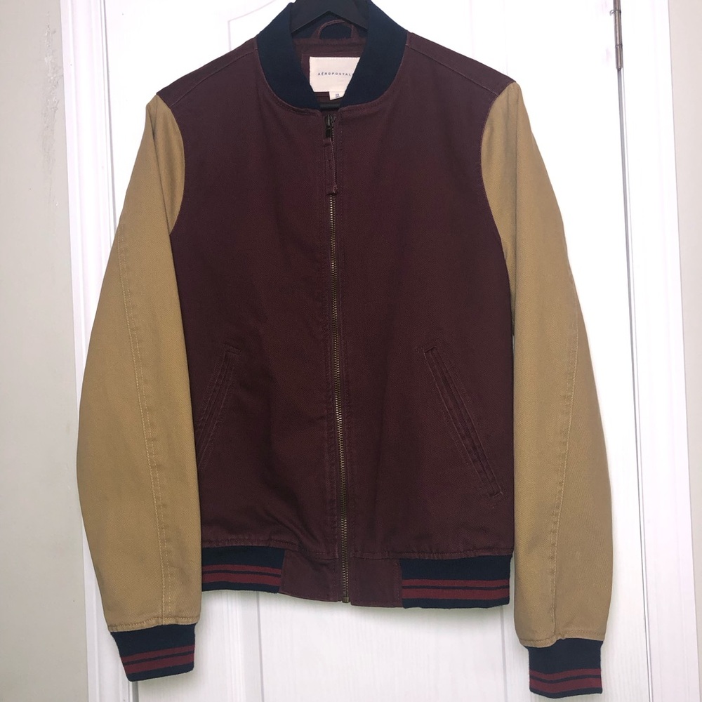 Aeropostale Varsity Bomber Jacket XS Burgundy Tan Canvas Letterman Style